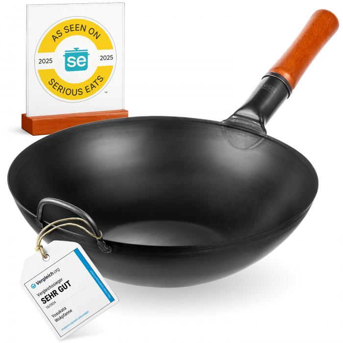 Yosukata Wok Pan (13,5-inch, Black Carbon Steel, Flat Bottomed, Pre-Seasoned)