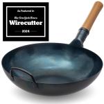 Small Yosukata Blue Carbon Steel Wok 13,5-inch+Stainless Steel Wok Lid+Carbon Steel Wok Spatula, Ladle and Bamboo Chopsticks