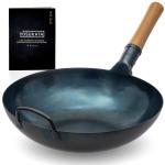 Small Yosukata Blue Carbon Steel Wok 13,5-inch+Wooden Wok Lid
