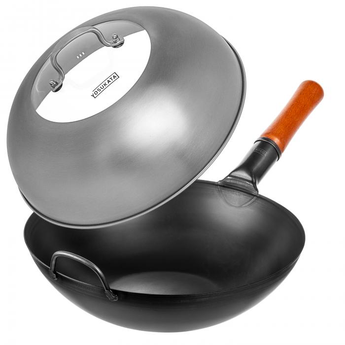 Yosukata Black Carbon Steel Wok 13,5-inch+Stainless Steel Wok Lid