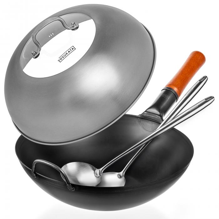 Yosukata Black Carbon Steel Wok 13,5-inch+Stainless Steel Wok Lid+Spatula and Ladle Set