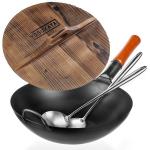 Small Yosukata Black Carbon Steel Wok 13,5-inch+Wooden Wok Lid+Spatula and Ladle Set
