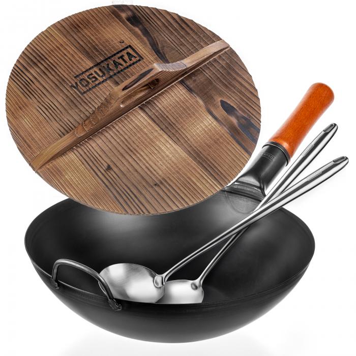 Yosukata Black Carbon Steel Wok 13,5-inch+Wooden Wok Lid+Spatula and Ladle Set