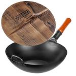Small Yosukata Black Carbon Steel Wok 13,5-inch+Wooden Wok Lid