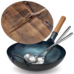 Small Yosukata Blue Carbon Steel Wok 13,5-inch+Wooden Wok Lid+Spatula and Ladle Set