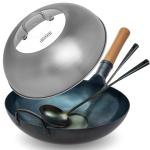 Small Yosukata Blue Carbon Steel Wok 13,5-inch+Stainless Steel Wok Lid+Carbon Steel Wok Spatula, Ladle and Bamboo Chopsticks