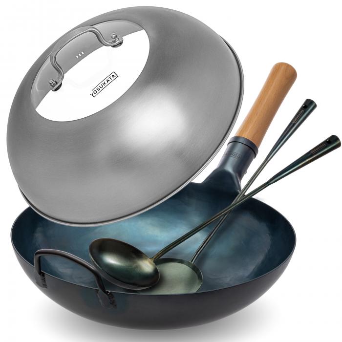 Yosukata Blue Carbon Steel Wok 13,5-inch+Stainless Steel Wok Lid+Carbon Steel Wok Spatula, Ladle and Bamboo Chopsticks