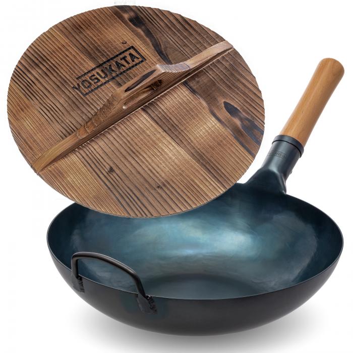 Yosukata Blue Carbon Steel Wok 13,5-inch+Wooden Wok Lid
