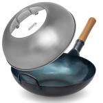 Small Yosukata Blue Carbon Steel Wok 13,5-inch+Stainless Steel Wok Lid