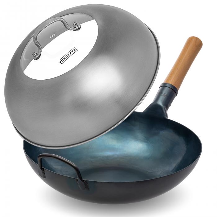 Yosukata Blue Carbon Steel Wok 13,5-inch+Stainless Steel Wok Lid