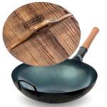 Small Yosukata Blue Carbon Steel Wok 14-inch+Wooden Wok Lid