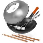 Small Yosukata Black Carbon Steel Wok 13,5-inch+Stainless Steel Wok Lid+Spatula and Ladle Set+Chopsticks for Cooking