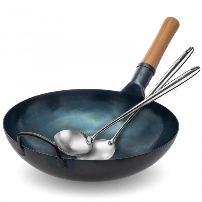 Yosukata Blue Carbon Steel Wok 13,5-inch+Spatula and Ladle Set