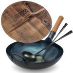 Small Yosukata Blue Carbon Steel Wok 13,5-inch+Wooden Wok Lid+Carbon Steel Wok Spatula, Ladle and Bamboo Chopsticks