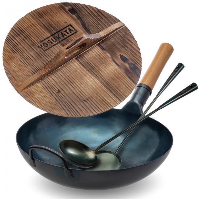 Yosukata Blue Carbon Steel Wok 13,5-inch+Wooden Wok Lid+Carbon Steel Wok Spatula, Ladle and Bamboo Chopsticks