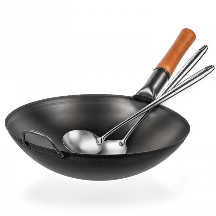 Yosukata Black Carbon Steel Wok 14-inch+Spatula and Ladle Set