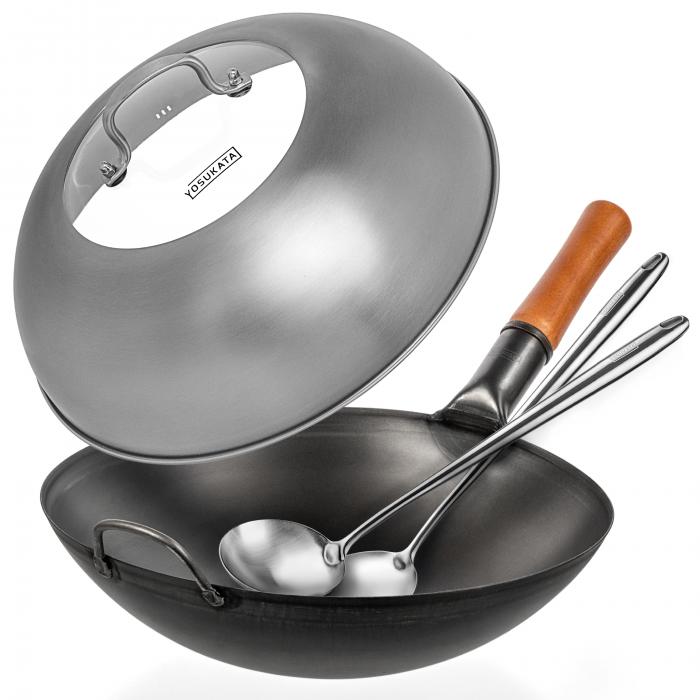 Yosukata Black Carbon Steel Wok 14-inch+Stainless Steel Wok Lid+Spatula and Ladle Set