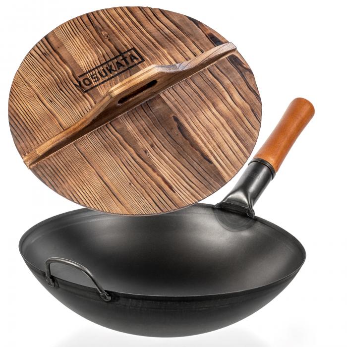 Yosukata Black Carbon Steel Wok 14-inch+Wooden Wok Lid