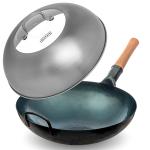 Small Yosukata Blue Carbon Steel Wok 14-inch+Stainless Steel Wok Lid