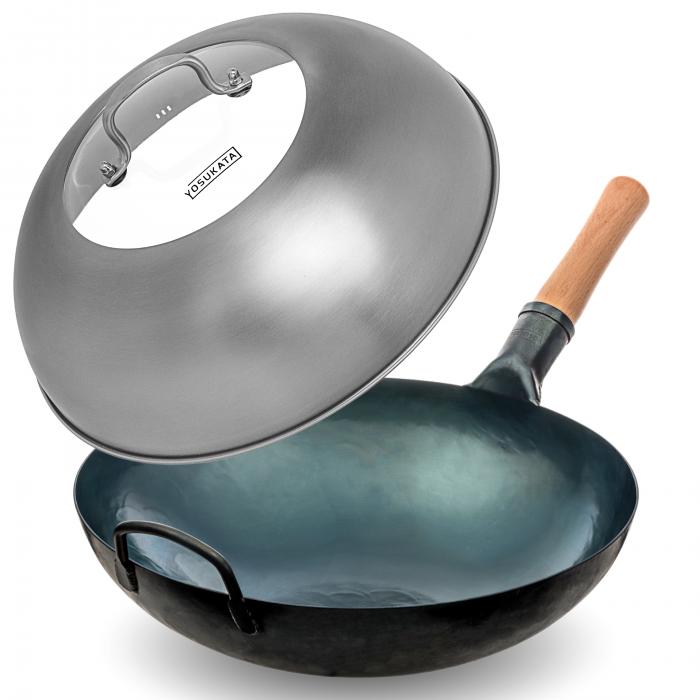Yosukata Blue Carbon Steel Wok 14-inch+Stainless Steel Wok Lid