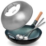 Small Yosukata Blue Carbon Steel Wok 14-inch+Stainless Steel Wok Lid+Spatula and Ladle Set