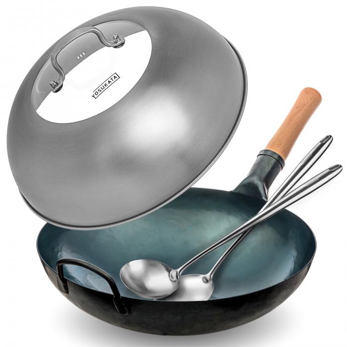 Yosukata Blue Carbon Steel Wok 14-inch+Stainless Steel Wok Lid+Spatula and Ladle Set