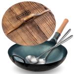 Small Yosukata Blue Carbon Steel Wok 14-inch+Wooden Wok Lid+Spatula and Ladle Set