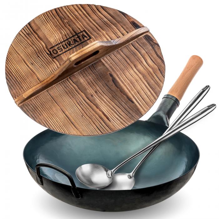 Yosukata Blue Carbon Steel Wok 14-inch+Wooden Wok Lid+Spatula and Ladle Set
