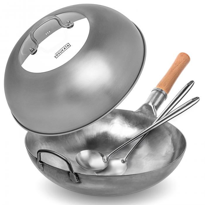 Yosukata Wok Pan (14-inch, Blue Carbon Steel Wok Round Bottomed, Not Seasoned)+Stainless Steel Wok Lid+Spatula and Ladle Set