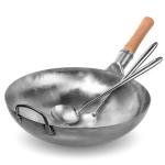 Small Yosukata 14-inch Not Seasoned Blue Carbon Steel Wok Round Bottomed+Spatula and Ladle Set