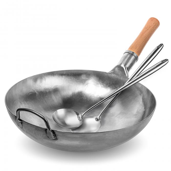 Yosukata Wok Pan (14-inch, Blue Carbon Steel Wok Round Bottomed, Not Seasoned)+Spatula and Ladle Set