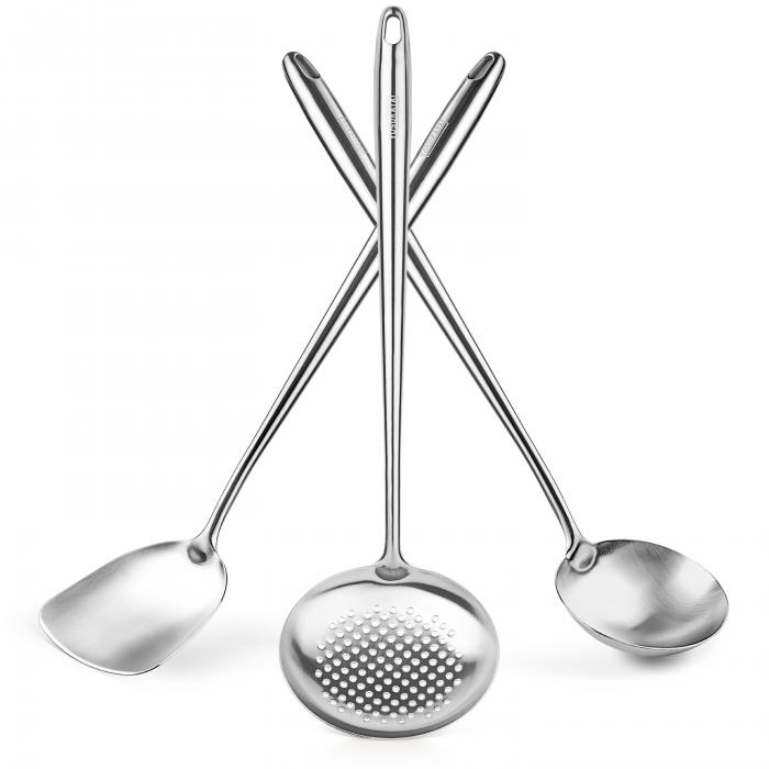 Yosukata Utensils Wok Set (17-inch Spatula & Ladle & Skimmer Stainless Steel)
