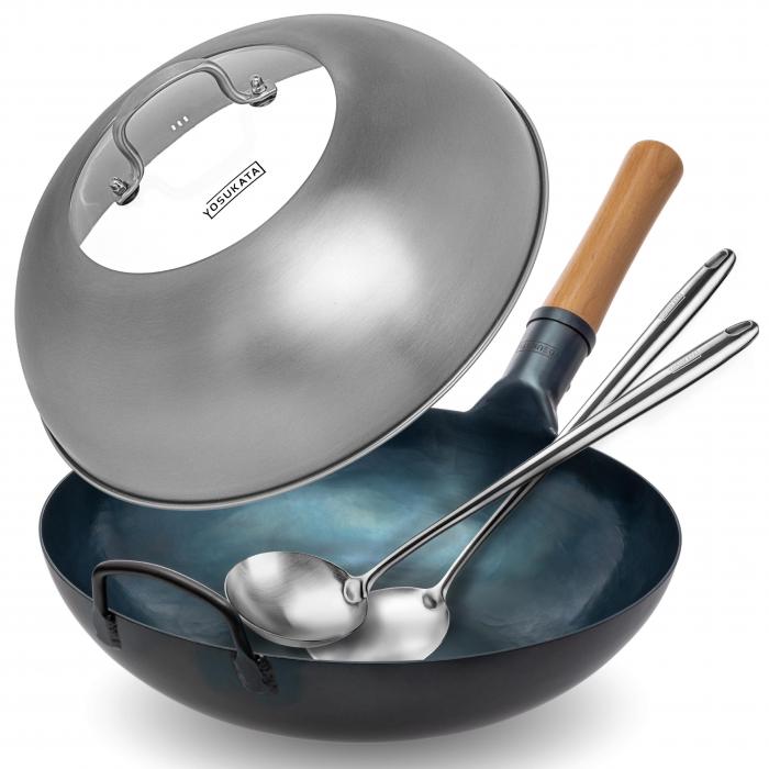 Yosukata Blue Carbon Steel Wok 13,5-inch+Stainless Steel Wok Lid+Spatula and Ladle Set