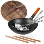 Small Yosukata Black Carbon Steel Wok 13,5-inch+Wooden Wok Lid+Spatula, Ladle and Skimmer Set+Chopsticks for Cooking