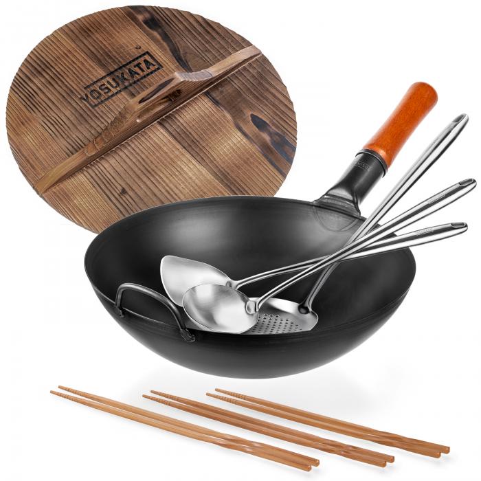 Yosukata Black Carbon Steel Wok 13,5-inch+Wooden Wok Lid+Spatula, Ladle and Skimmer Set+Chopsticks for Cooking