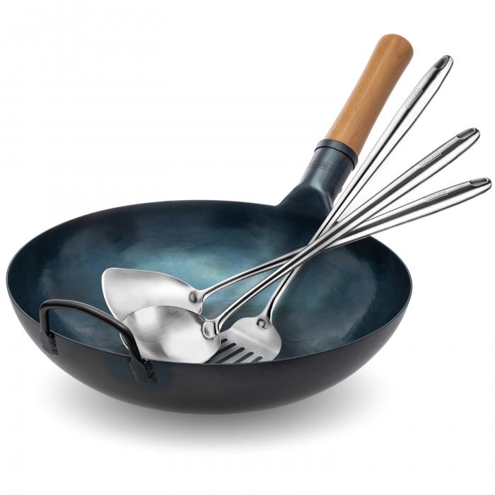 Yosukata Blue Carbon Steel Wok 13,5-inch+Spatula, Ladle and Turner Set