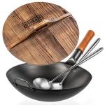 Small Yosukata Black Carbon Steel Wok 14-inch+Wooden Wok Lid+Spatula and Ladle