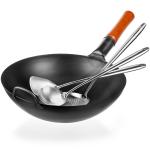 Small Yosukata Black Carbon Steel Wok 13,5-inch+Spatula, Ladle and Skimmer Set