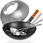 Small Yosukata Black Carbon Steel Wok 13,5-inch+Stainless Steel Wok Lid+Spatula, Ladle and Skimmer Set