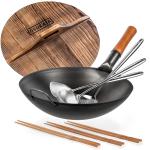 Small Yosukata Black Carbon Steel Wok 14-inch+Wooden Wok Lid+Spatula, Ladle and Skimmer Set+Chopsticks for Cooking