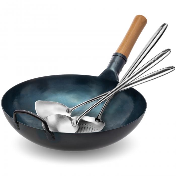 Yosukata Blue Carbon Steel Wok 13,5-inch+Spatula, Ladle and Skimmer Set