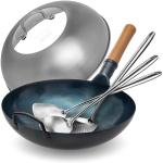 Small Yosukata Blue Carbon Steel Wok 13,5-inch+Stainless Steel Wok Lid+Spatula, Ladle and Skimmer Set