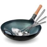 Small Yosukata Blue Carbon Steel Wok 14-inch+Spatula, Ladle and Skimmer Set