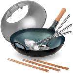 Small Yosukata Blue Carbon Steel Wok 14-inch+Stainless Steel Wok Lid+Spatula, Ladle and Skimmer Set+Chopsticks for Cooking