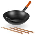 Small Yosukata Black Carbon Steel Wok 13,5-inch + Chopsticks for Cooking