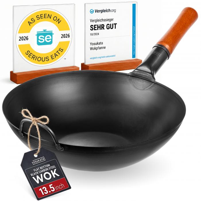 Yosukata Wok Pan (13,5-inch, Black Carbon Steel, Flat Bottomed, Pre-Seasoned)